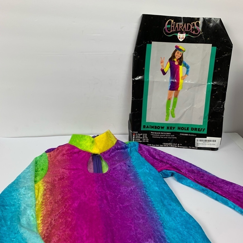 Charades Rainbow Keyhole Dress 1960 1970 Costume For Dress Up Size XS Fits 4-6 - Picture 6 of 7
